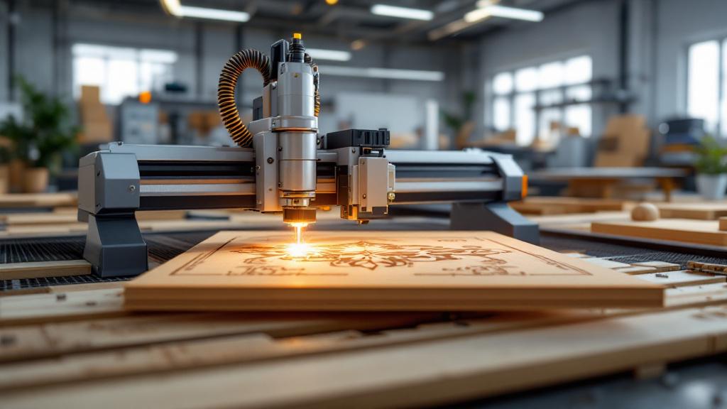 high-precision 2D laser cutting machine in action, processing a sheet of wood The machine is equipped with a sharp, focused beam cutting intricate designs into the wood panel Th